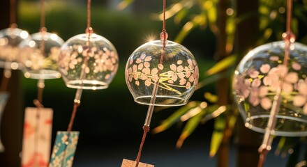 Traditional japanese wind chimes with cherry blossom patterns hanging outdoors