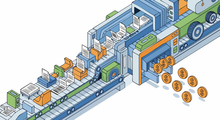 An isometric illustration of a manufacturing process, showing documents and coins.
