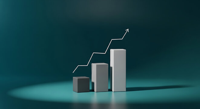 Three bar graphs of different heights with a rising arrow indicating growth and success against a teal background