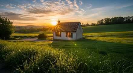 Beautiful House in Morning Sunshine – Scenic Home with Natural Landscape View