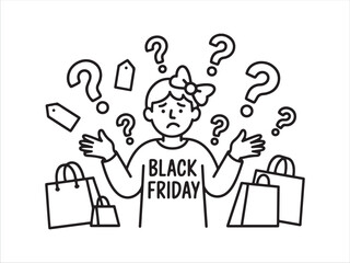 Confused Woman Shopping on Black Friday Line Icon