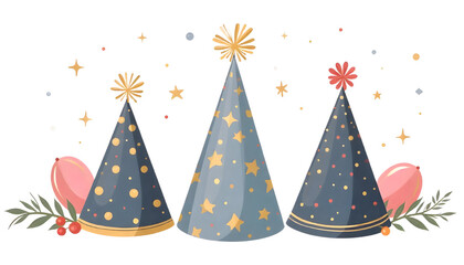Three dark blue festive party hats decorated with gold stars and dots, surrounded by balloons and sparkles.