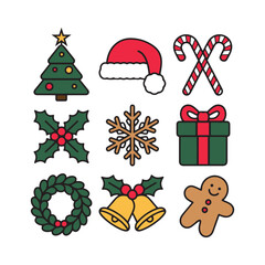 Colorful Christmas Holiday Icon Set with Outline