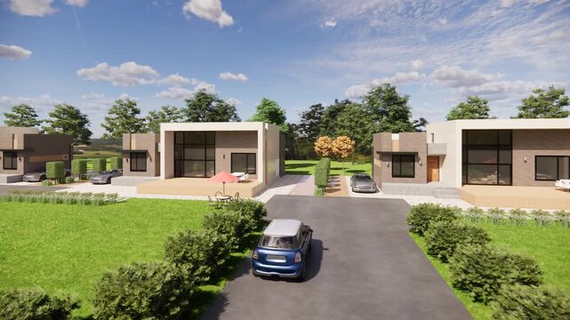 3D architectural rendering illustration of a simple single-story townhouse complex with a deck overlooking a spacious and beautiful garden.