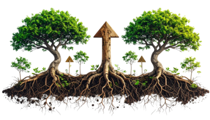 trees with roots and branches forming upward arrows, symbol of organic progress and connection, isolated on transparent background