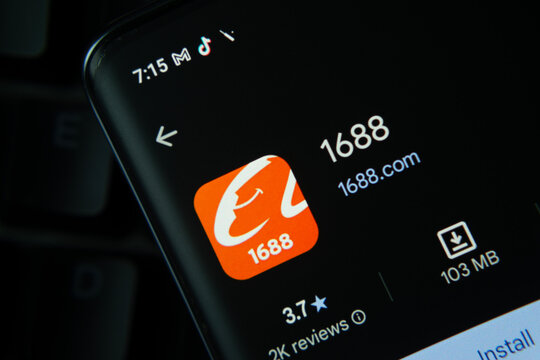 Dhaka, Bangladesh- 27 July 2025: 1688 app from Google Playstore is displayed on a smartphone screen.