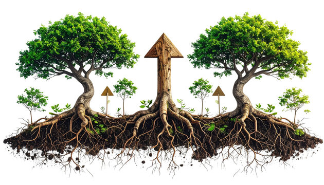 trees with roots and branches forming upward arrows, symbol of organic progress and connection, isolated on transparent background