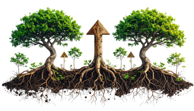 trees with roots and branches forming upward arrows, symbol of organic progress and connection, isolated on transparent background