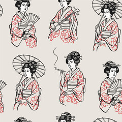 Geisha set. Japanese women in traditional kimono holding various objects. Paper fan, shamisen, umbrella, smoking pipe. Asian culture concept. Hand drawn trendy Vector illustration. Seamless Pattern