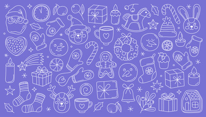 Сollection of Christmas and New Year icons, doodle outline illustrations. Santa, gifts, gingerbread, mittens, toys, candles, festive Christmas elements. White doodles on blue.