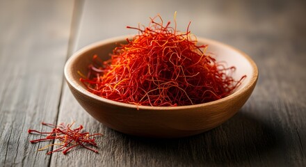 Fototapeta premium A wooden bowl filled with vibrant red saffron threads, showcasing their delicate texture and rich color on a rustic wooden surface a culinary spice