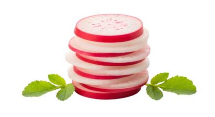 A stack of sliced radishes with fresh green leaves, showcasing the vibrant red and white colors, isolated on transparent background a healthy vegetable