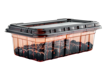 Black olives in a transparent plastic container with a lid ready for sale in the supermarket aisle on transparent background