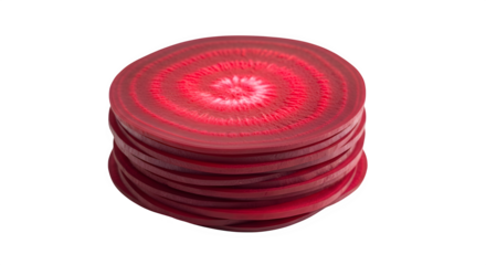 A vibrant stack of beetroot slices, isolated on transparent background, showcases the vegetables deep red color and concentric rings in a visually striking manner