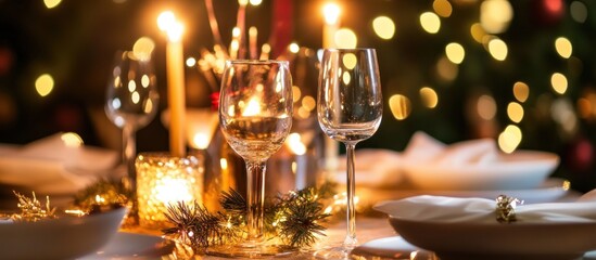 Elegant Christmas Eve Dinner Table Setting with Candles and Wine