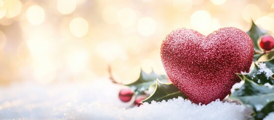 Sparkling Holiday Heart, Festive Still Life with Holly and Bokeh Lights