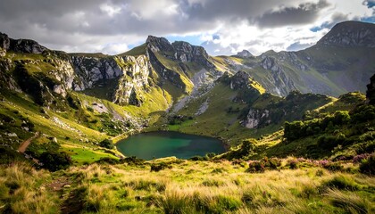 Scenic landscape showcasing a glacial lake nestled within mountains under cloudy skies
