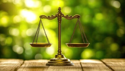 Golden scales of justice on wooden surface in a natural setting