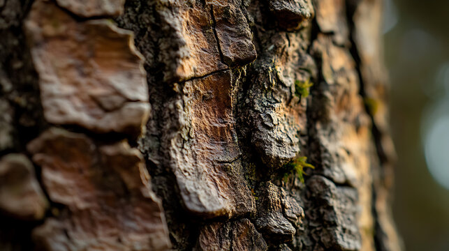 A close-up captures the rugged texture and rich hues of tree bark, revealing nature's intricate patterns and resilience. Mossy accents add a touch of vibrant life.