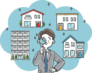 住まい探しの手伝いをするビジネスマン　ベクター
