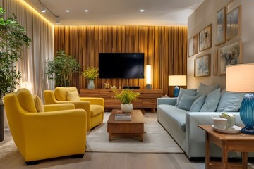 Modern cozy living room with yellow armchairs and warm lighting.