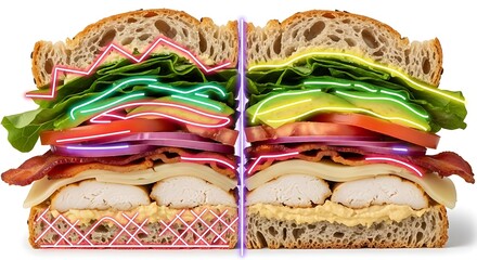 Layered club sandwich cut in half with glowing neon lines illustrating the ingredients.
