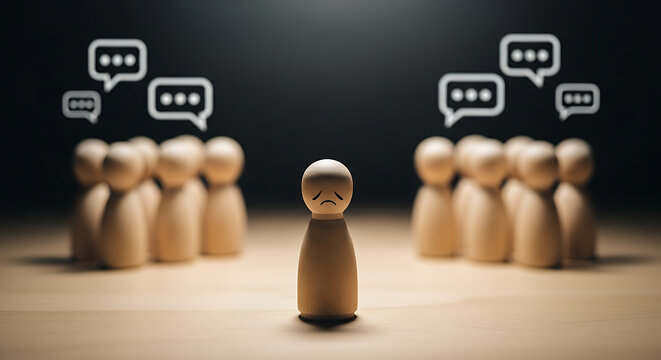 Wooden figure standing alone looking sad with speech bubbles directed at it, surrounded by a group of figures blurred in the background