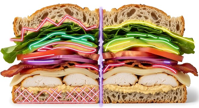 Layered club sandwich cut in half with glowing neon lines illustrating the ingredients. - Powered by Adobe