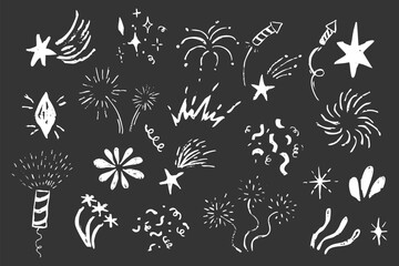 Fototapeta premium Firework white Chalk hand drawn star blink, firework, glitter silhouette and glowing symbols in sketch style set. Confetti doodle grunge simple decoration.