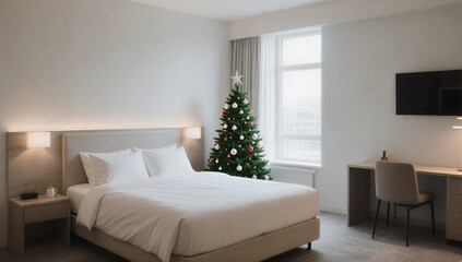 Fototapeta premium Bright Hotel Room with Small Christmas Tree in Corner