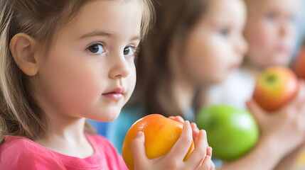 A close-up reveals a cute girl holding a juicy apple, her gaze filled with childlike wonder. Friends share healthy snacks, promoting wellness and joy in the moment.