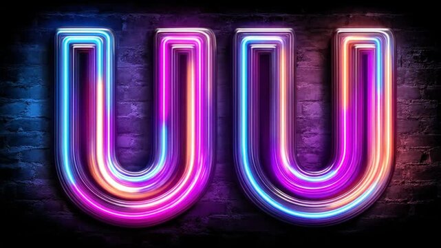 Neon illuminated letter u against dark brick wall background