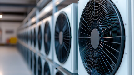 A long row of industrial-sized air conditioning units are neatly lined up in a climate-controlled data center, ensuring optimal cooling for the equipment.