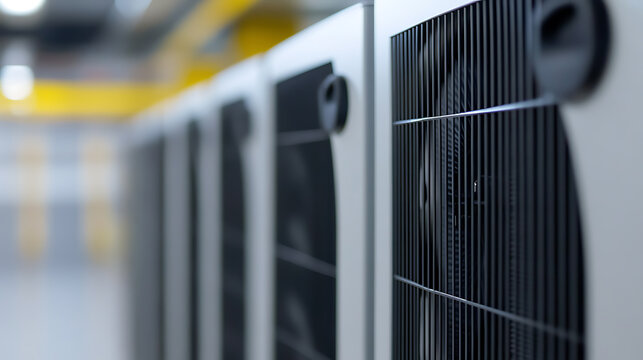 This is a close up of a server farm equipment setup, showcasing the cooling system design and efficiency in data centers. The cooling architecture is critical.