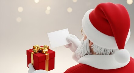 Santa Claus from behind, holding a blank card next to a red gift box with a gold ribbon, against a blurred festive background with bokeh lights.