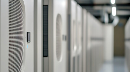 A row of white server racks stretching into the distance in a cool data center. The equipment showcases modern technology, highlighting its importance in today's digital world.
