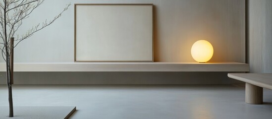 Minimalist Interior Scene with Bare Tree, Artwork and Glowing Sphere Lamp