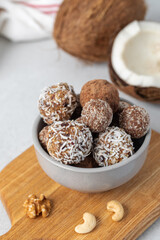 Homemade vegan healthy sugar-free candies made from dried fruits and nuts. Healthy eating.