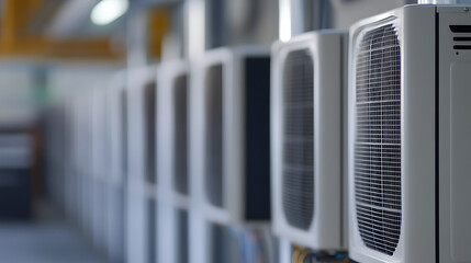 Air conditioning units aligned in a building's utility room, showcasing climate control systems and ventilation. Industrial or commercial setting with temperature regulation.