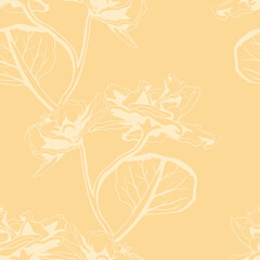 Elegant pastel yellow floral seamless pattern. Delicate line art flowers create a serene, minimalist design perfect for wallpaper, textiles, or packaging.
