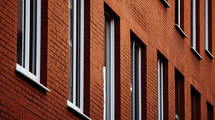 A side-angle shot of a brick building shows the building's facade and a symmetrical display of windows. The image is an architecture photography of windows and bricks.