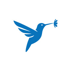 Elegant blue silhouette of a hummingbird in flight carrying a delicate flower in its beak