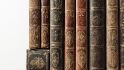 A close-up view of a collection of antique books with ornate leather bindings, showcasing their aged textures and intricate designs.