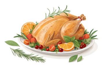 Minimalist Thanksgiving roasted turkey illustration with garnish of fresh herbs, tomatoes, and orange slice. Simple festive design perfect for Thanksgiving greeting cards, seasonal menus, posters, and