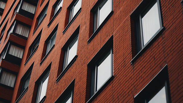A captivating architectural shot from a low angle, showcasing a red brick building with dark-framed windows in a repetitive pattern, creating a geometric texture on the facade.