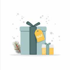 Obraz premium Big gift boxes with sale tag and winter decor, flat vector Christmas discount illustration.