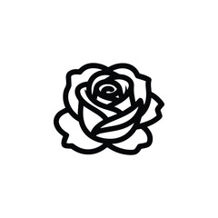 Simple and elegant black outline drawing of a blooming rose flower on a white background