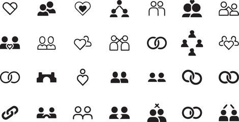 Collection of simple black and white icons representing love relationships and family connections
