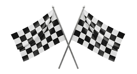 Fototapeta premium Two checkered racing flags crossed on poles with flowing fabric, isolated on a white or transparent background, cutout, PNG