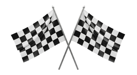Two checkered racing flags crossed on poles with flowing fabric, isolated on a white or transparent background, cutout, PNG
